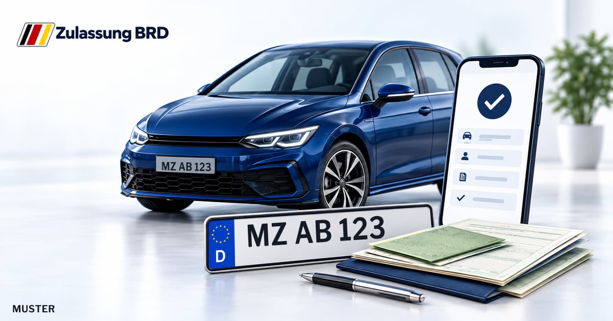 Online Fahrzeugzulassung in Mainz: Musterkennzeichen MZ AB 123, Auto und Fahrzeugpapiere und Smartphone. Illustration mit Logo von Zulassung BRD.